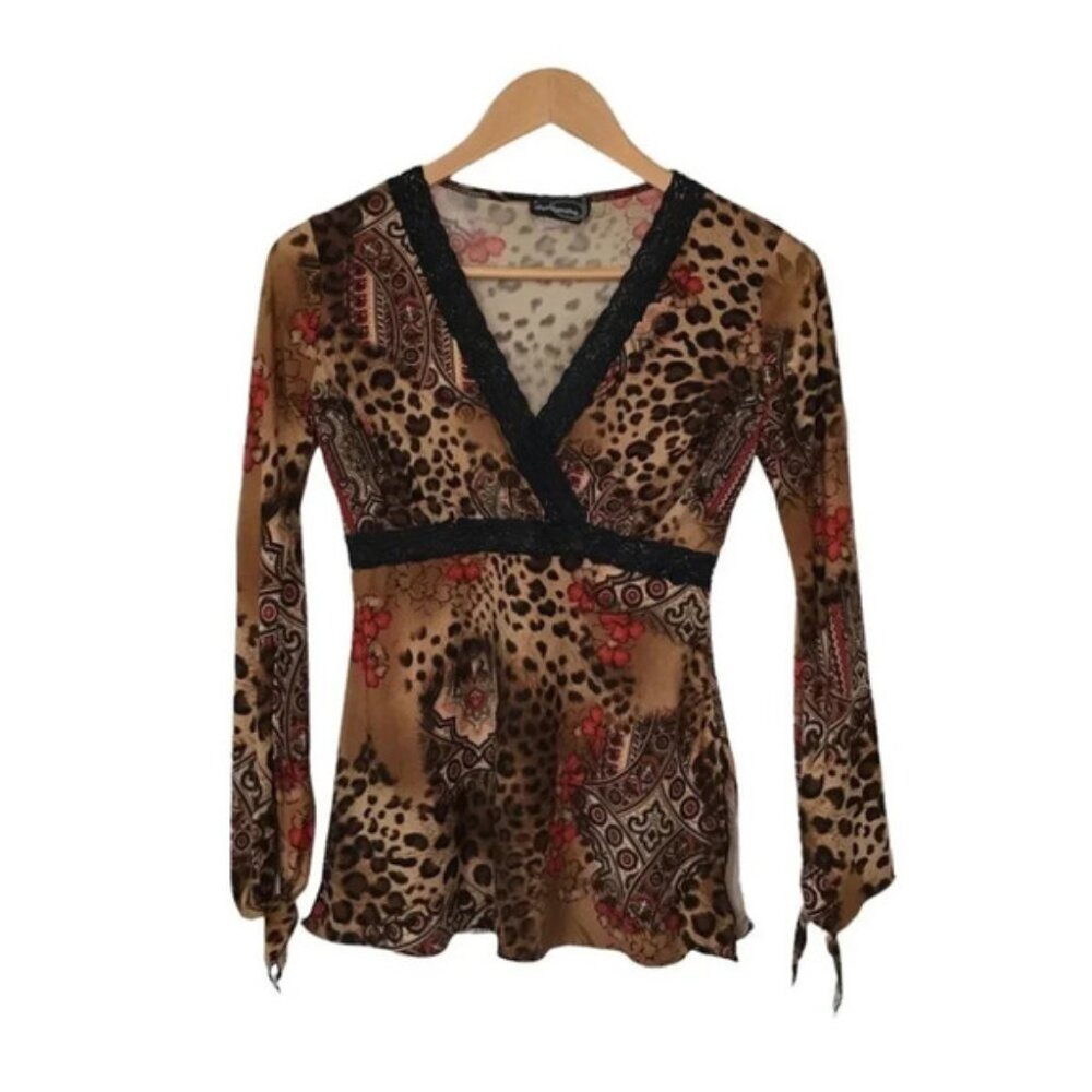 Vintage Y2K Dynamite Animal Print Faux Wrap V-neck Top Long Sleeve